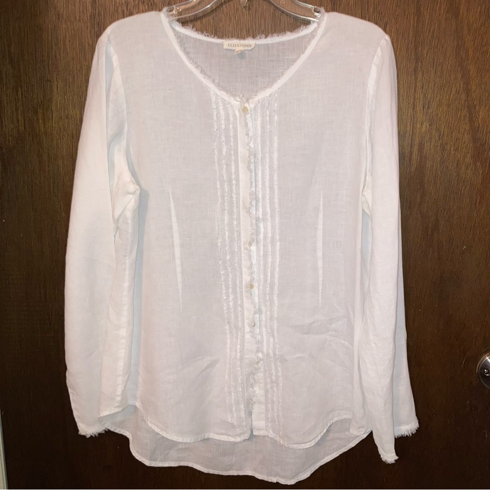 Linen Tunic, White, Long Sleeve, Button up and Cruise Ready by Eileen Fisher